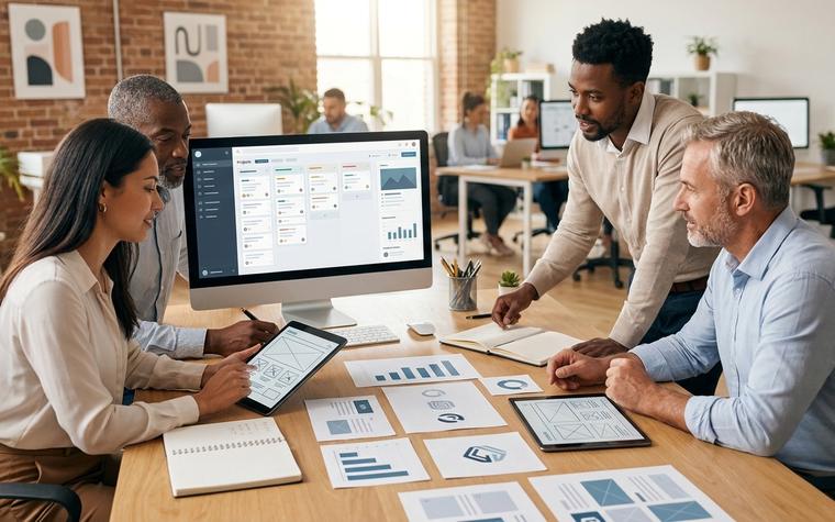 Equipe de agência de marketing revisando protótipos e materiais de design em reunião