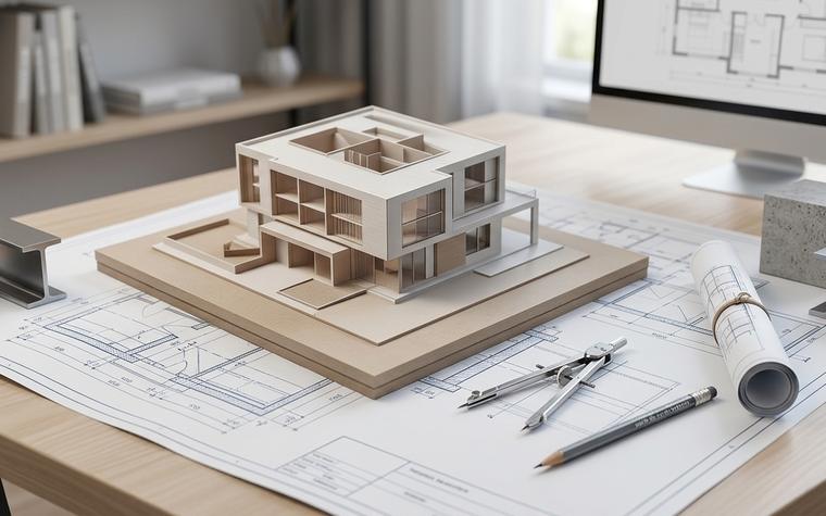 Maquete arquitetônica sobre plantas técnicas de um projeto de construção