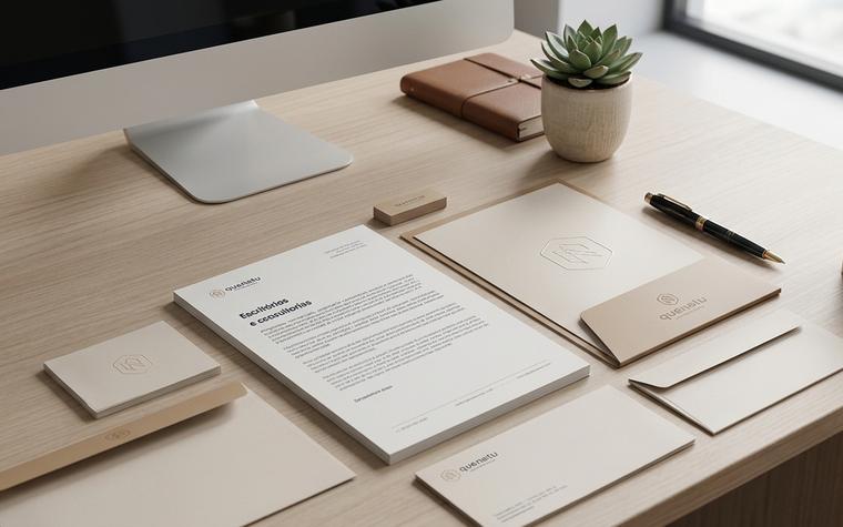 Papelaria corporativa e materiais institucionais organizados sobre mesa de escritório