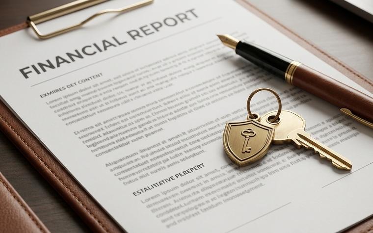 Relatório financeiro impresso com caneta e chave sobre mesa de escritório